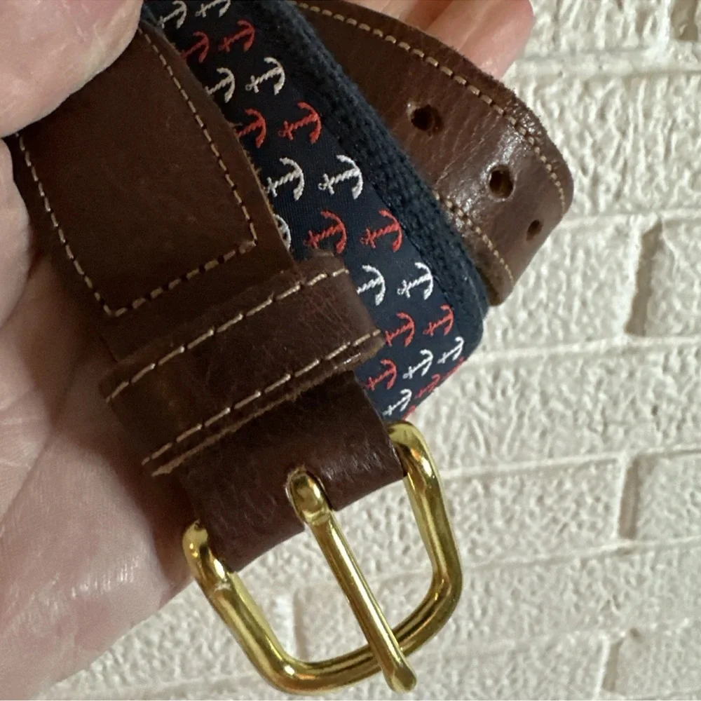 Preston New England Nautical Belt Men’s 34 Anchors Red Blue Canvas Leather USA